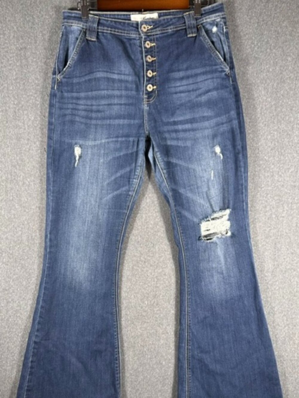 KanCan Jeans Womens 13/30 Blue Flare High Rise Exposed Button Fly Stretch Denim